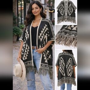 Do Everything in Love Black and Cream Knit Open Poncho
